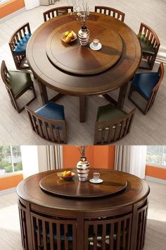 there are two pictures of a dining table and four chairs in the same room, one is empty