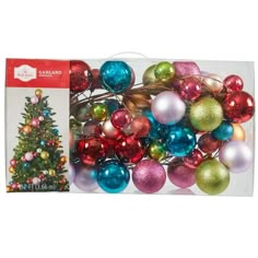 a package of christmas ornaments in different colors