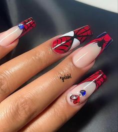 Y2k Nails Acrylic Almond, Spidey Nails, Tip Nails Acrylic, French Tip Short, Spiderman Nails, Superhero Nails, Marvel Nails, Man Nails, Nails 2015