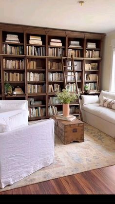 a living room filled with lots of bookshelves next to a couch and chair