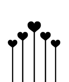 black and white silhouettes of hearts in the middle of three tall stems with one heart at the top