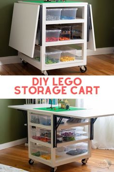 Collage of Lego table with storage with sides open and sides closed with text description. Lego Workspace Ideas, Kids Craft Storage Small Space, Lego Storage Table Diy, Diy Lego Storage Ideas, Lego Storage For Small Spaces, Lego Table Ideas Diy Projects, Lego Building Station Ideas, Lego Table Diy Storage