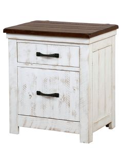 a white wooden cabinet with two drawers and a brown top on the bottom, against a white background