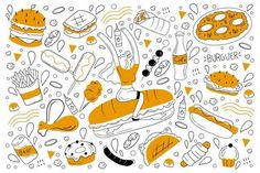 an image of food and drinks in the shape of a hand drawn doodle on white paper