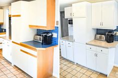 before and after pictures of a kitchen with white cabinets, blue counter tops and tile flooring