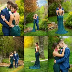 the couple is posing for pictures in their wedding attire and tuxedo, while they are embracing each other