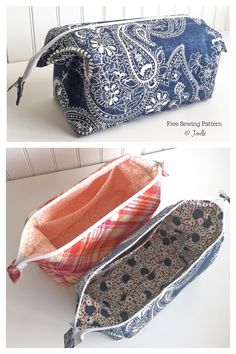 two pictures of the same purse with different patterns and colors, one is open to show the inside