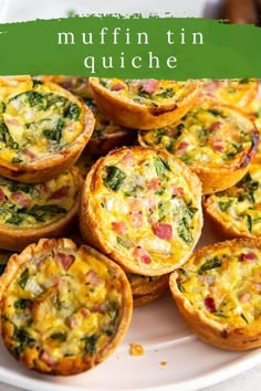 mini quiches with bacon and spinach on a white plate