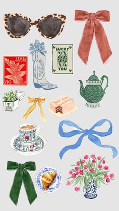 an image of various items that are in the shape of a bow and some flowers