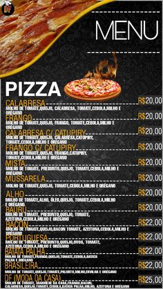 a menu for a pizza restaurant with lots of different toppings on the menu and prices