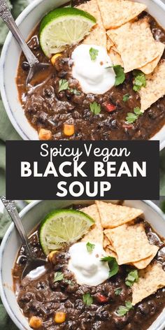 two bowls filled with black bean soup and tortilla chips