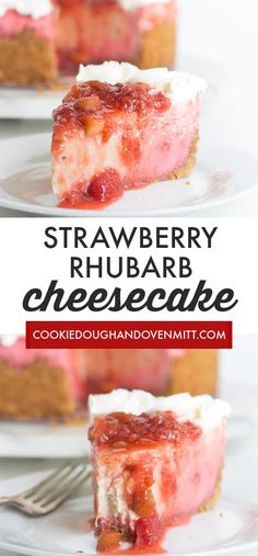 strawberry rhubarb cheesecake on a white plate