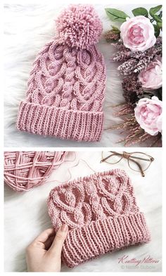 two photos showing how to crochet a beanie