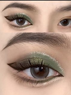 Green Eyeshadow Makeup Natural, Korean Green Makeup Look, Fairy Aesthetic Nails Green, Green Eye Makeup Korean, Green Makeup For Wedding, Green Eye Makeup Asian, Green Fairycore Makeup, Green Eyeshadow Douyin, Green Fairy Eye Makeup