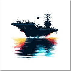 an aircraft carrier floating on top of the ocean at sunset with helicopter flying over it