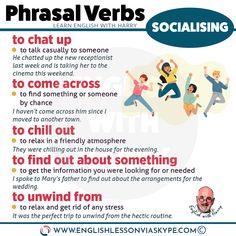 a poster with the words phrasal verbs and pictures of people doing different things