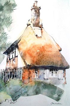 a watercolor painting of a house in the woods