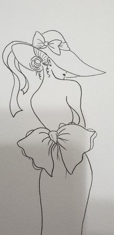 a drawing of a woman wearing a hat with a bow on her head and holding a flower in her hand