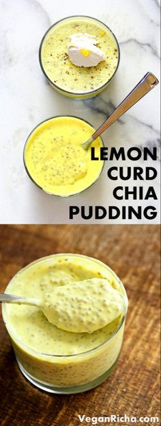 two bowls filled with lemon curd sitting on top of a wooden table next to each other