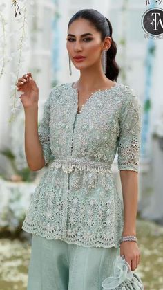 Banarsi Fabric, Peplum Suit, Farah Talib Aziz, Fabric Detailing, Aqua Net, Simple Frock Design, Simple Frocks, Pakistani Wedding Dress