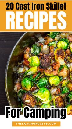 a skillet filled with cooked brussel sprouts and bacon on top