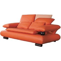 an orange leather reclining sofa with black legs and foot rests on top of it