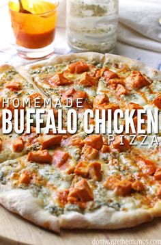 the homemade buffalo chicken pizza is ready to be eaten