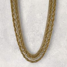 Art Deco Vintage Necklace In Excellent Condition! This Multi-Chain Gold-Tone Necklace Features Four Different Chain Designs. Seeing This Enchanting Necklace In Person To Truly Appreciate Its Beauty And Charm. Perfect For Classy Outfit Of The Day! Metal: 105.6g Hollow Silver Color: 14k Gold Plated Width: 1.23” Clasp: Box Stamp: O.S Length: 31.5” What You See Is What You Get! Deco Vintage, Link Chain Necklace, Chain Gold, Gold Tone Necklace, Chain Link Necklace, Vintage Art Deco, Link Chain, Vintage Necklace, Womens Jewelry Necklace