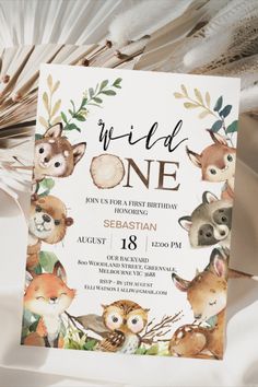 Woodland-themed birthday invitation featuring charming forest animals and natural elements in a delightful design perfect for a nature-inspired birthday celebration. Woodland Birthday Theme, Woodland 1st Birthday, 1st Birthday Invitations Boy, Forest Birthday, Woodland Birthday, 1st Birthday Invitation, Boy Birthday Invitations, 1st Birthday Invitations, Birthday Invitations Kids