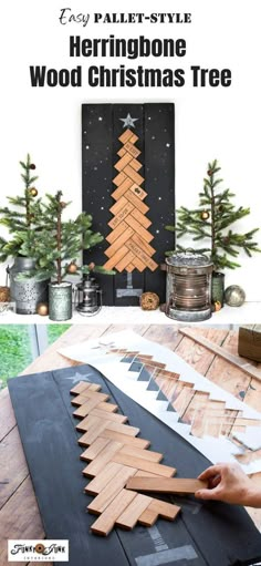 a wooden christmas tree sitting on top of a table