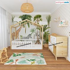 a baby's room with a giraffe and zebra mural on the wall