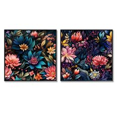 two paintings with flowers and leaves on them