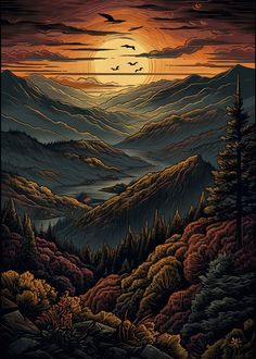 a painting of mountains with trees and birds flying in the sky at sunset or sunrise