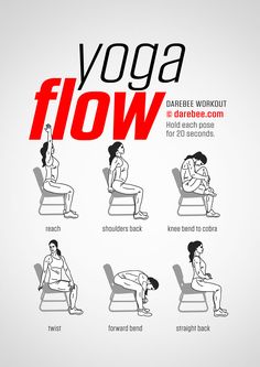 a woman doing yoga poses on a chair with the words'yoga flow'above her