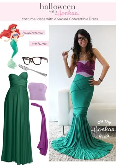 the little mermaid costume is green and has purple undershirt, with glasses on it