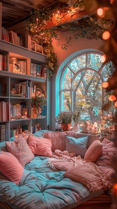 a living room filled with lots of furniture and bookshelves next to a window