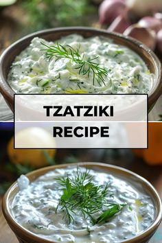 two bowls filled with white sauce and topped with green garnish, on top of a wooden table