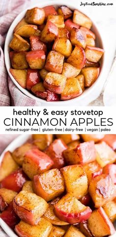 healthy and easy stovetop cinnamon apples in a white bowl with text overlay that reads, healthy and easy stovetop cinnamon apples