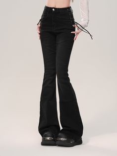 Step up your fashion game with these trendy flared jeans that are sure to turn heads. Designed with a slight flare at the bottom, these jeans offer a flattering silhouette that elongates your legs. The standout feature is the criss-cross drawstring details on both sides of the hips, adding a unique and stylish touch to your outfit. Perfect for casual outings or a night out, these jeans are versatile and comfortable.   Please note, the price includes only one pair of pants. SizeSMLXLWaist57616569 Black Flare Jeans Outfit Casual, Orchestra Outfit, Gothic Jeans, Black Flare Jeans, Steampunk Fashion Male, Gothic Skirts, Black Flare, Detailed Sweater, Steampunk Fashion