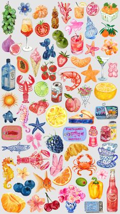 a bunch of different types of food and drinks on a white background with watercolors