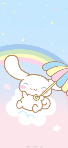 a cartoon bunny holding an umbrella over a rainbow