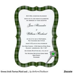 a wedding card with a green and white checkered pattern on the front, featuring a pair of scissors