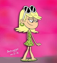 a cartoon girl wearing sunglasses and a green dress with polka dots on the bottom, standing in front of a pink background