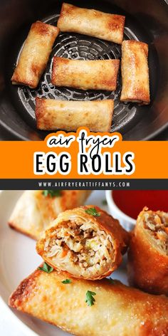 an egg roll is cut in half and placed on a plate with the words air fryer egg rolls