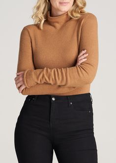 American Tall Rolled Mock Neck Sweater. This extra-long sleeve sweater fits close to the body with a rolled mock neck and a cozy knit fabric. Warm Weather Fall Outfits, Caramel Sweater, Extra Long Sleeve Sweater, Winter Sweater Outfits, Sweater Outfits Fall, Trendy Winter, Comfortable Sweater, Sweater Fits, Extra Long Sleeves