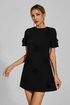 This Alison Black Jacquard Floral Mini Dress is perfect for any casual occasion. The short sleeves and jacquard fabric will keep you comfortable while looking your best. Three-dimensional flowers accent the details. Designed in a mini length, this dress accentuates your feminine figure for a sleek and sophisticated look. Complete the outfit with heels. Length: Approx 87cmMaterials: PolyesterGentle Dry Clean Only The model is 5 ft 74 and wears size S Color may vary due to lighting on images. ... Elegant Black Short Sleeve Mini Dress, Chic Black Mini Dress With Elastic Sleeves, Elegant Black A-line Mini Dress, Elegant Non-stretch Black Mini Dress, Elegant Black Mini Dress With 3/4 Sleeves, Conference Outfit, Glitter Wedding Dress, Body Con Dress Outfit, Bandage Midi Dress