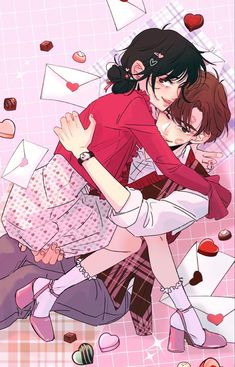 two people hugging each other in front of hearts and candies on a pink background