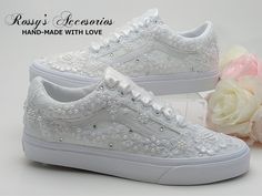 "Beautiful and Romantic wedding sneaker are a perfect accessories for your Special day..These Wedding White Authentic Vans  OLD SKOOL Sneakers , are embellished with White Lace fabric ,White Applique ,White Pearls and Clear Crystal Rhinestones. White Satin Ribbon shoe lace for tying ... Lace is available in white and Ivory . Handmade to order, so please allow me enough time before your wedding date. Orders are processed and shipped within 6-7 WEEKS of payment., large orders may take longer ..Ple Diy Wedding Sneakers, Slip Bridesmaids Dresses