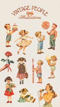 vintage people illustrations from the 1950's and early 1960s's are featured in this poster