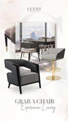 an advertisement for the luxury furniture brand luxu, featuring chairs and tables in various colors